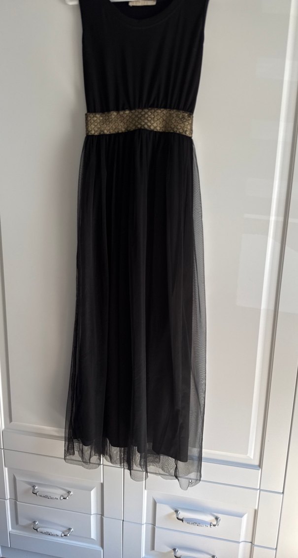 Siyah Uzun Kadın Elbise, Fitted, Kolsuz - Görsel 3