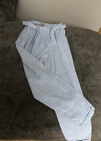 40 Beden Kadın Mavi Keten Midi Bol Kesim Kemerli Pantolon