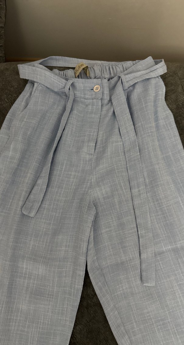 Kadın Mavi Keten Midi Bol Kesim Kemerli Pantolon - Görsel 2