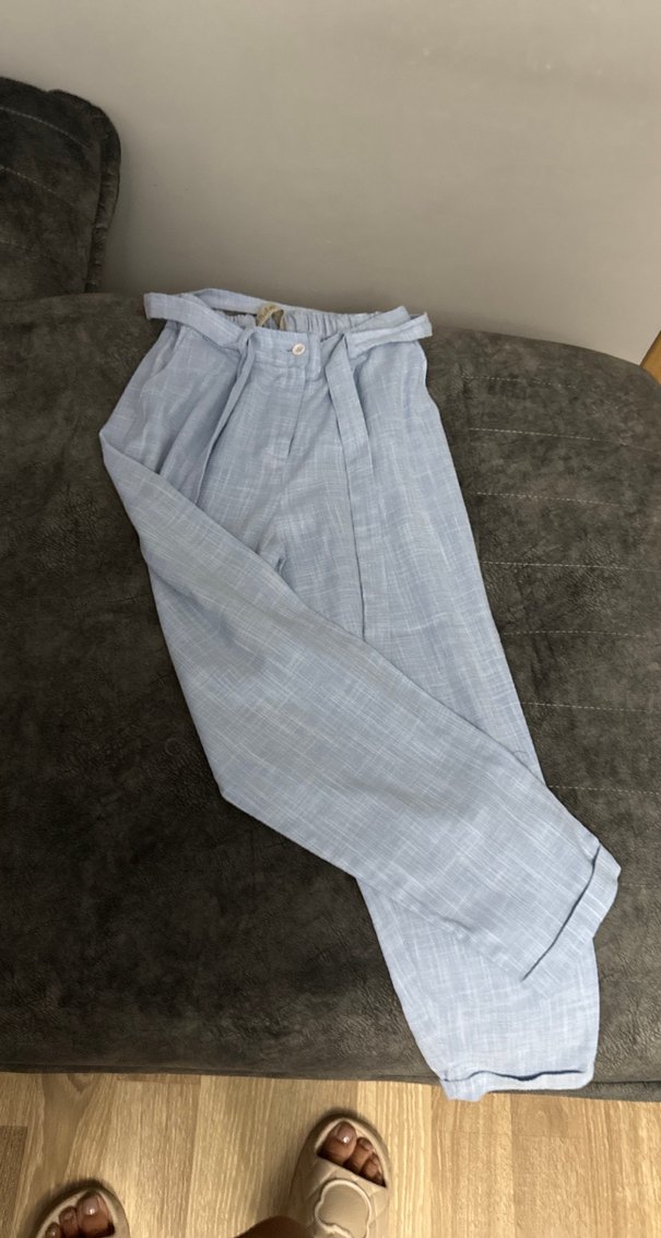 Kadın Mavi Keten Midi Bol Kesim Kemerli Pantolon - Görsel 3