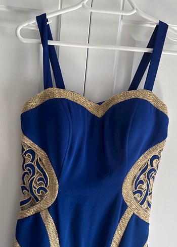 Mavi İşlemeli Uzun Drapeli Abiye Elbise balık kuyruklu - Görsel 4