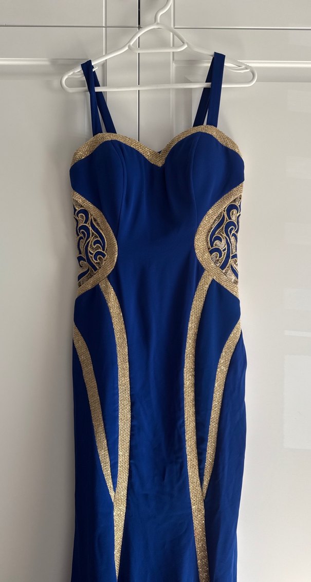 Mavi İşlemeli Uzun Drapeli Abiye Elbise balık kuyruklu - Görsel 2