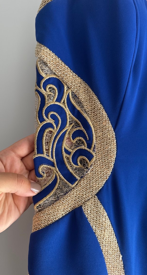 Mavi İşlemeli Uzun Drapeli Abiye Elbise balık kuyruklu - Görsel 3