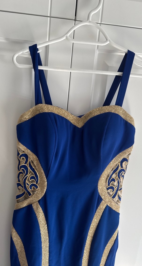 Mavi İşlemeli Uzun Drapeli Abiye Elbise balık kuyruklu - Görsel 4