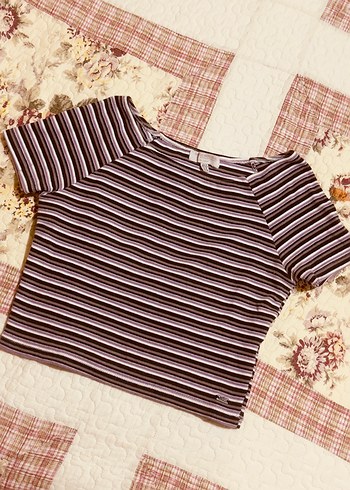 PULLAND BEAR Kadın Çizgili Kısa Kollu Crop Top