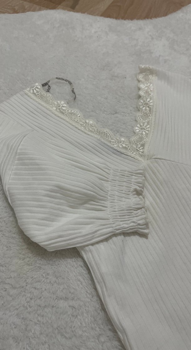 Dantel Detaylı V Yaka Beyaz Kadın Bluz - Görsel 3