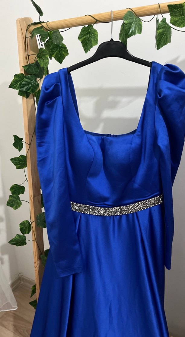 Mavi Uzun Drapeli Kadın Abiye Elbise - Görsel 2