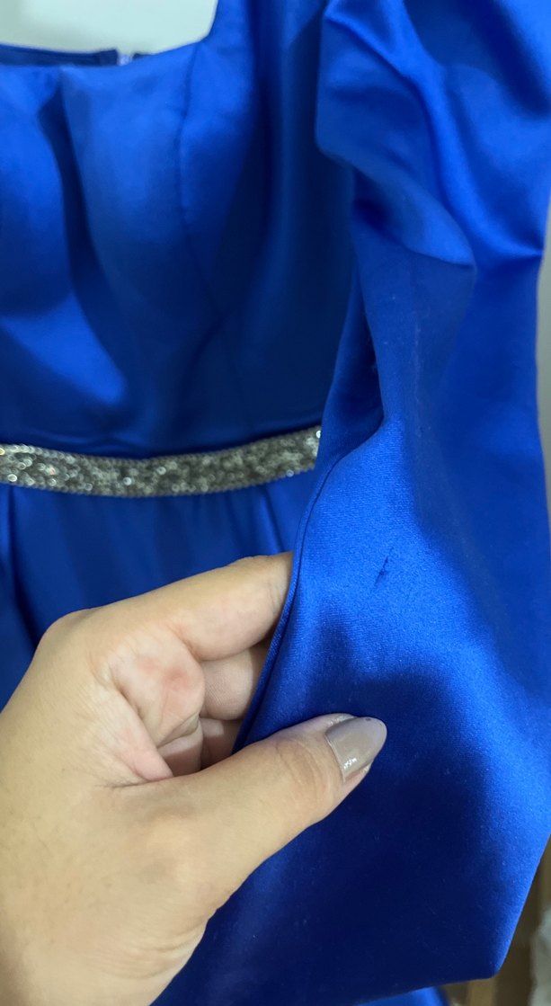 Mavi Uzun Drapeli Kadın Abiye Elbise - Görsel 3