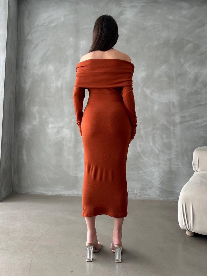 Uzun Kollu Kahverengi Drapeli Uzun Elbise - Görsel 2