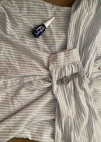 Gri Çizgili Kadın Gömlek - Görsel 2