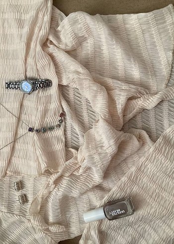 Düğmeli Bej Midi Bohem Keten Bluz - Görsel 2