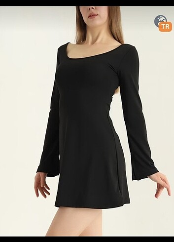 Siyah likralı scuba kumaş ispanyol kol elbise - Görsel 5