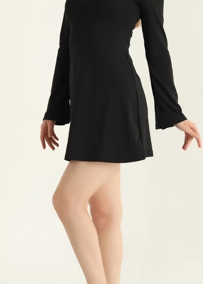 Siyah likralı scuba kumaş ispanyol kol elbise - Görsel 3