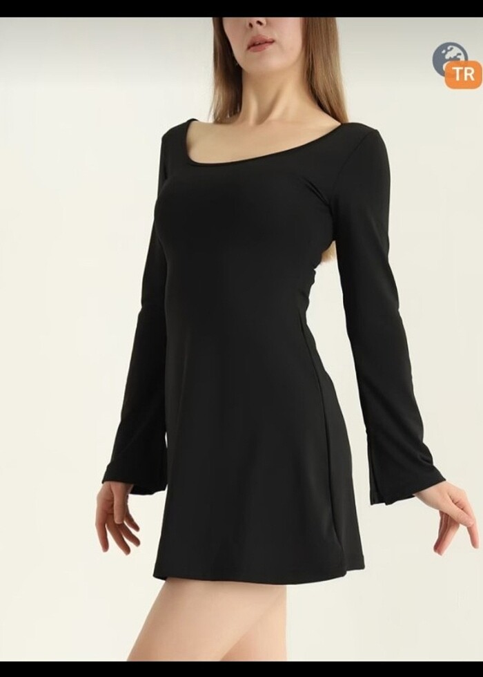 Siyah likralı scuba kumaş ispanyol kol elbise - Görsel 5