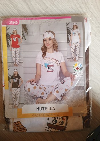 s Beden kahverengi Renk %100 PAMUK alt üst pijama takımı pamuk göz bantlı