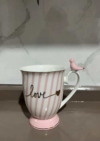 Pembe Kuş Figürlü Love Yazılı Kupa - Görsel 2