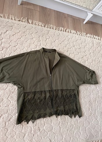 Kadın Haki Keten Fermuarlı Ceket - Görsel 2