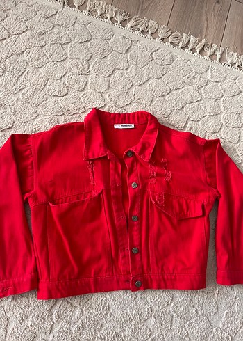 Düğmeli Kırmızı Kadın Denim Ceket - Görsel 2