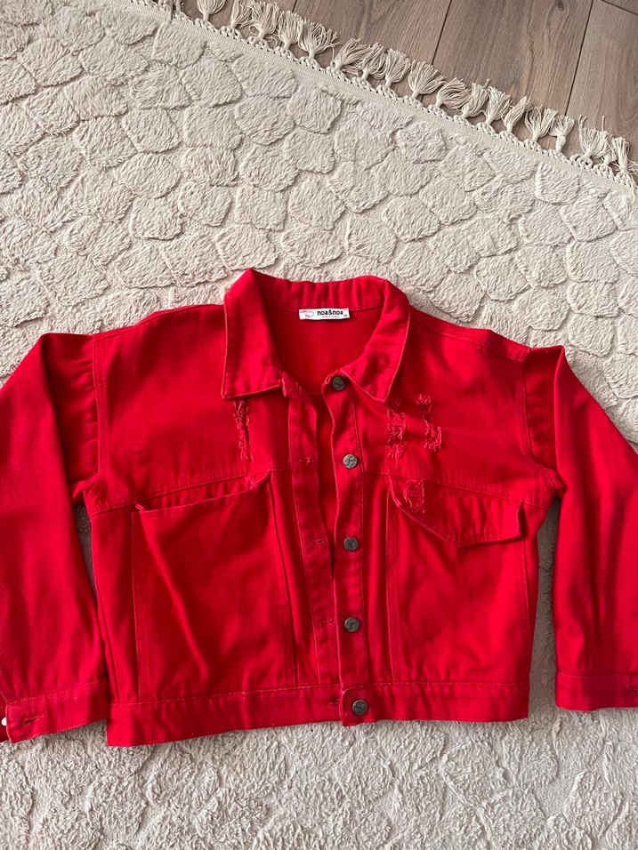 Düğmeli Kırmızı Kadın Denim Ceket - Görsel 2