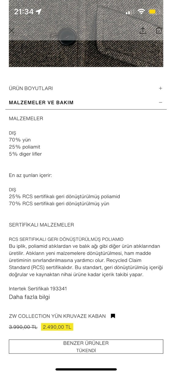 Zara manteco yün Düğmeli Gri Midi Kadın Kaban - Görsel 4
