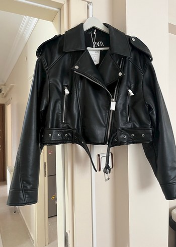 Kadın Siyah Deri Kemerli Biker Ceket - Görsel 2