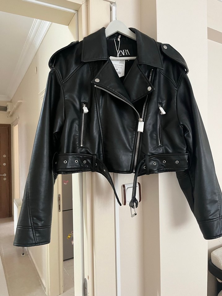Kadın Siyah Deri Kemerli Biker Ceket - Görsel 2