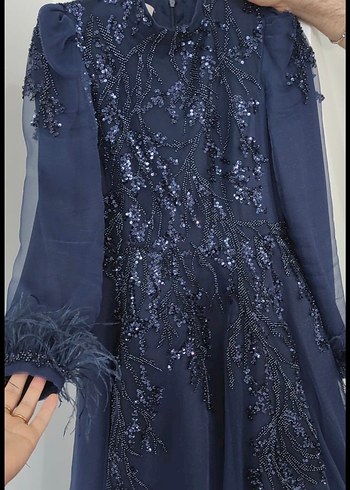 Uzun Kollu Lacivert Payetli Kadın Abiye Elbise - Görsel 5
