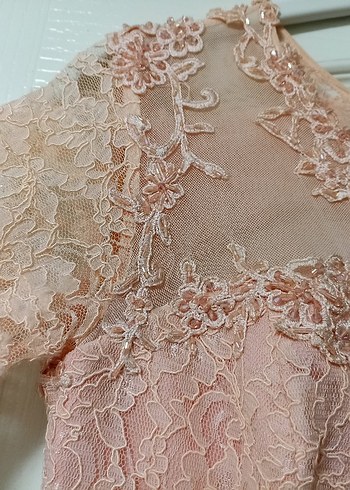 Dantel Detaylı Uzun Pembe Abiye Elbise - Görsel 4