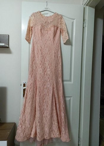 Dantel Detaylı Uzun Pembe Abiye Elbise - Görsel 2