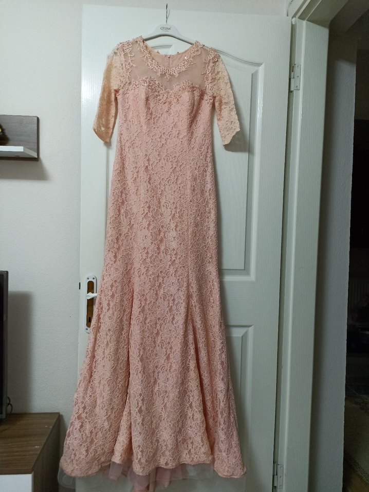 Dantel Detaylı Uzun Pembe Abiye Elbise - Görsel 2