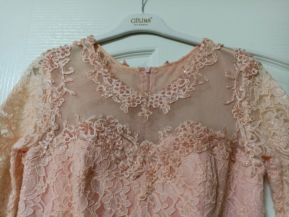 Dantel Detaylı Uzun Pembe Abiye Elbise - Görsel 3