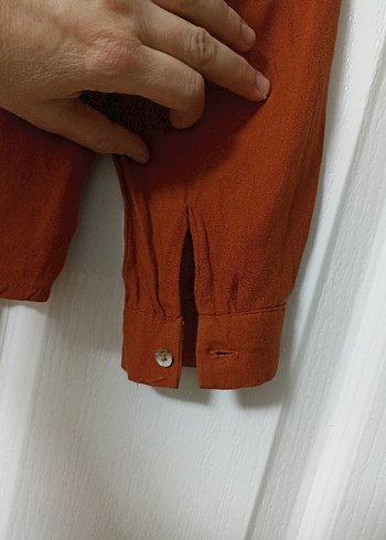 Düğmeli Kahverengi Keten Kadın Gömlek - Görsel 7