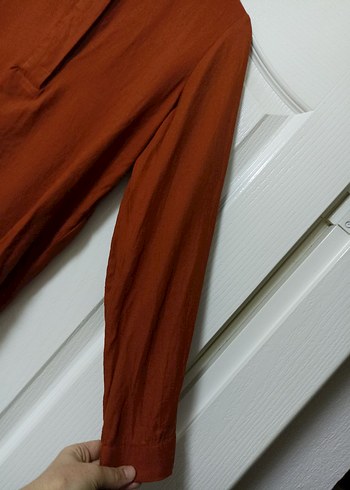 Düğmeli Kahverengi Keten Kadın Gömlek - Görsel 3