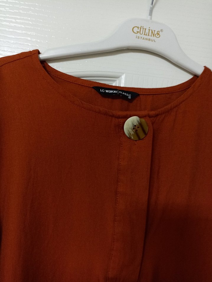 Düğmeli Kahverengi Keten Kadın Gömlek - Görsel 2