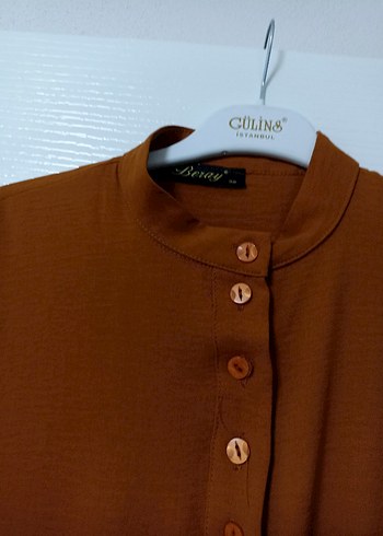 Düğmeli Uzun Kollu Kahverengi Midi Tunik - Görsel 4