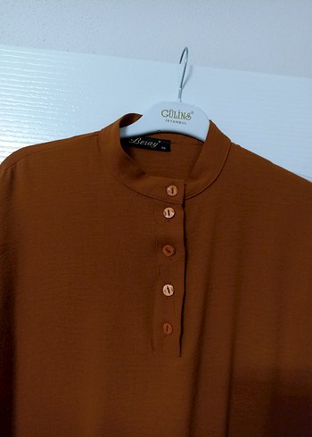 Düğmeli Uzun Kollu Kahverengi Midi Tunik - Görsel 6