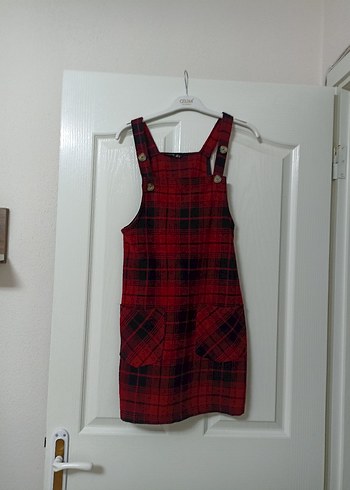 Kırmızı Ekose Salobet Elbise - Görsel 4