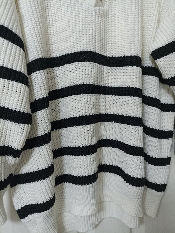 Trendy Parisian Çizgili Beyaz Kazak - Görsel 5