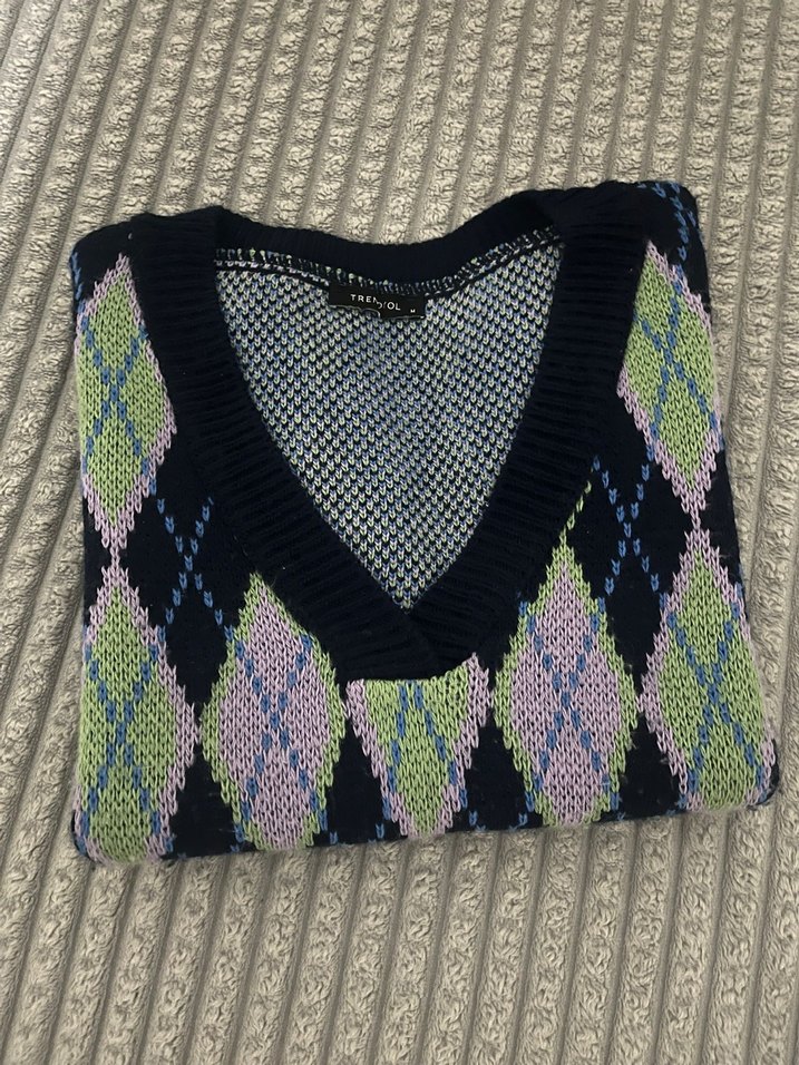 Kadın Çok Renkli V Yaka Örgü Süveter - Görsel 2
