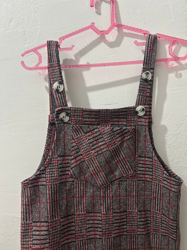 Kadın kırmızı Kareli Askılı Mini Elbise - Görsel 2