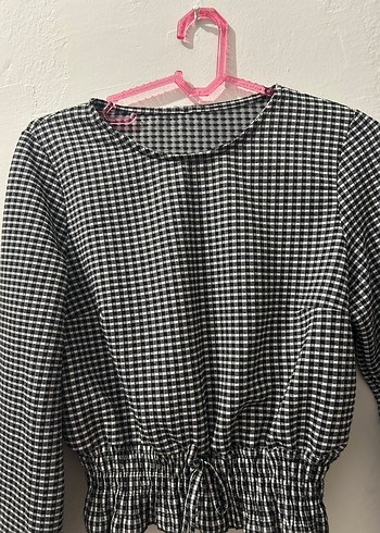 Gri Kareli Uzun Kollu Pilili Bluz - Görsel 2