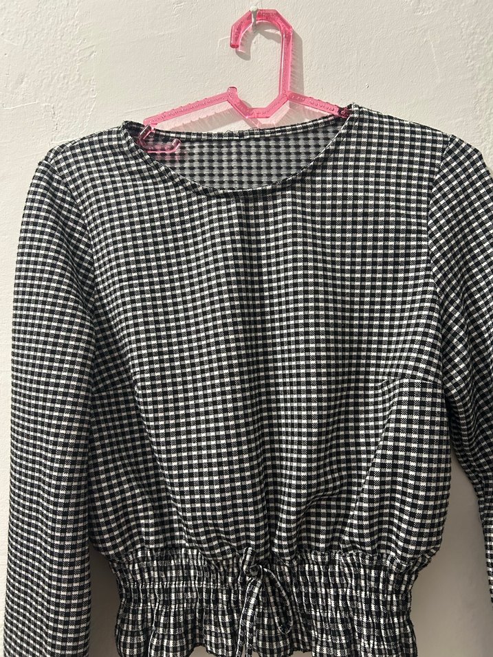 Gri Kareli Uzun Kollu Pilili Bluz - Görsel 2