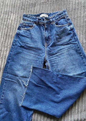 Kadın Mavi Bol Kesim Midi Denim Pantolon