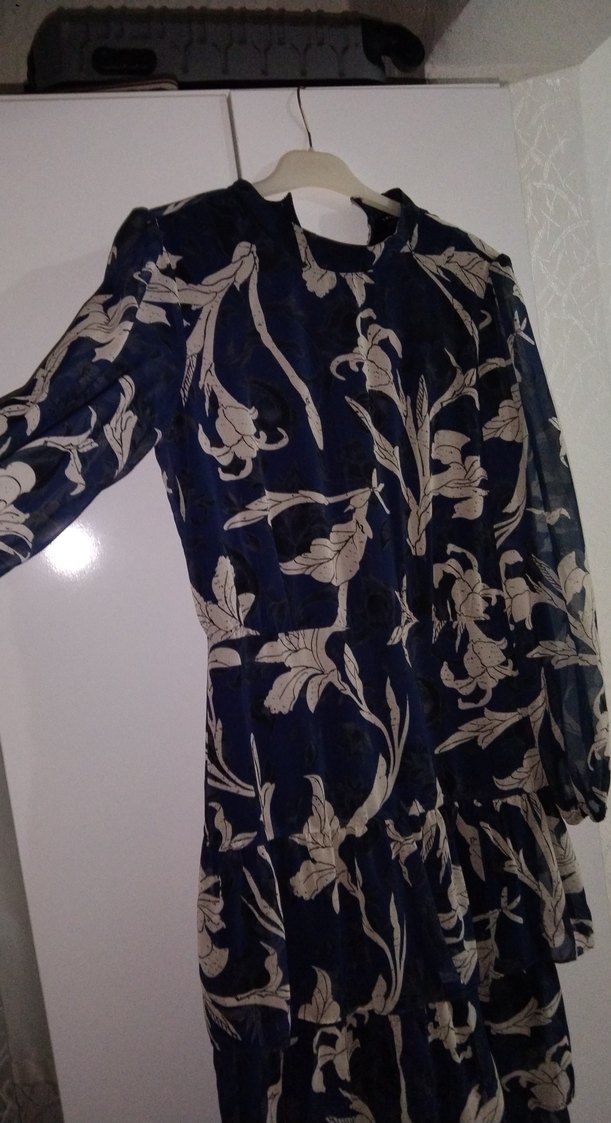 Bohem Uzun Kollu Lacivert Desenli Elbise - Görsel 2