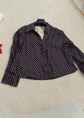 Zara Düğmeli Uzun Kollu Mor Puantiyeli Kadın Gömlek