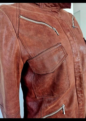 38 Beden Kahverengi Kadın Deri Biker Ceket