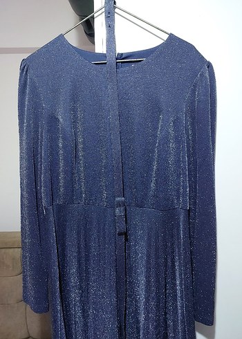 Navy Uzun Kollu Parlak Abiye Elbise - Görsel 2