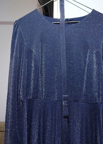 Navy Uzun Kollu Parlak Abiye Elbise - Görsel 3