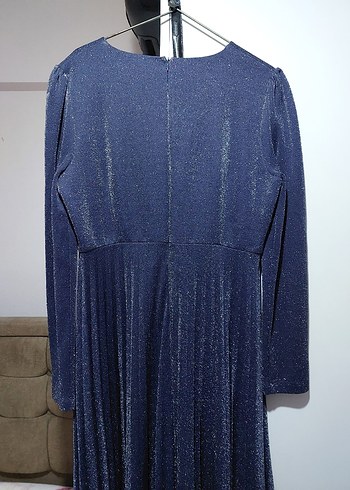 Navy Uzun Kollu Parlak Abiye Elbise - Görsel 4