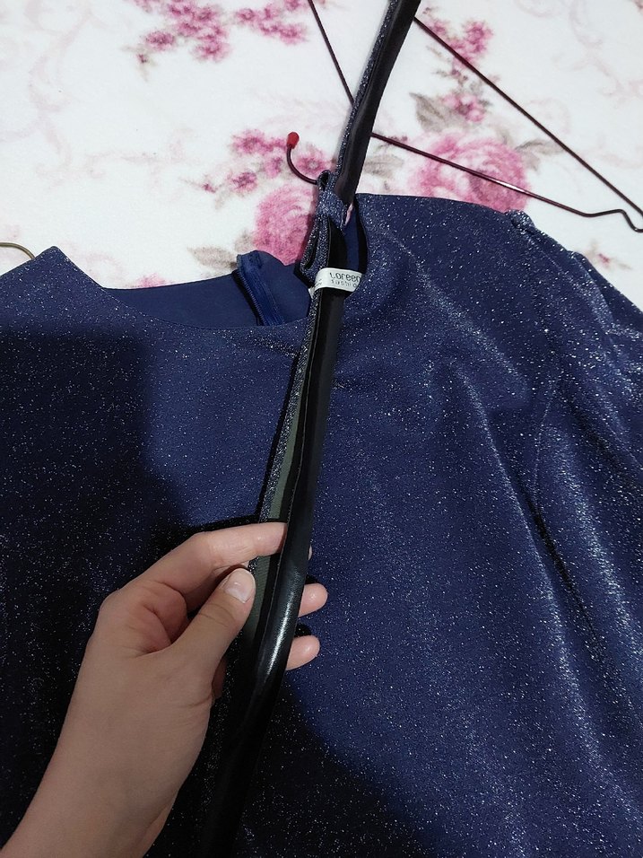 Navy Uzun Kollu Parlak Abiye Elbise - Görsel 5